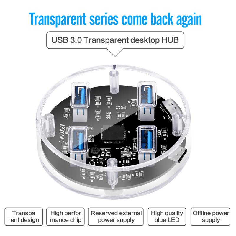 USB 3,0 transparent Schreibtisch Hub, 4 Häfen USB 3,0 Schnittstelle, 5Gbps Geschwindigkeit, mit Dual-Hafen-Netzteil, für Laptop Deskop Computer