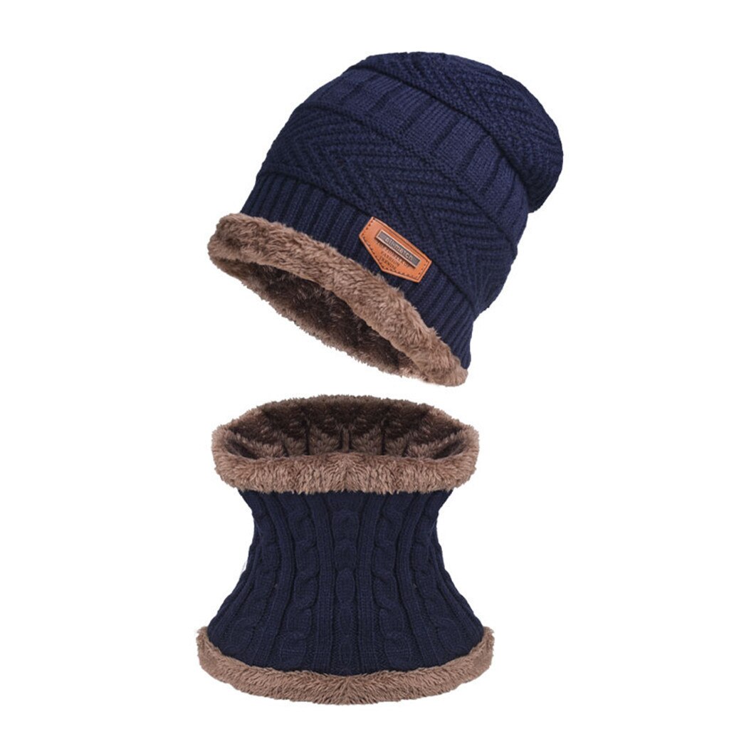 Heren Winter Hat Cap Kraag Set Winddicht Plus Fluwelen Dikke Gebreide Hoed Effen En Uitlaat Mannen Warme Muts Sjaal set Motorkap Femme Hiver: Marineblauw