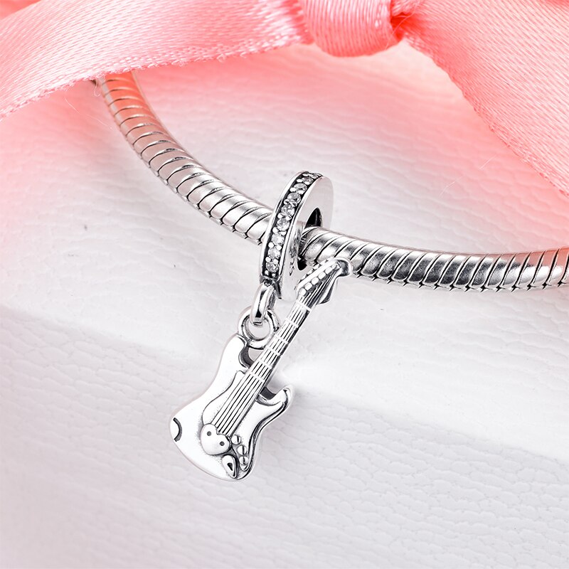 Fine Jewelry 925 Sterling Silver Electric Guitar Dangle Charm Beads Fit Original Pamura Bracelet S925 Silver Jewelry