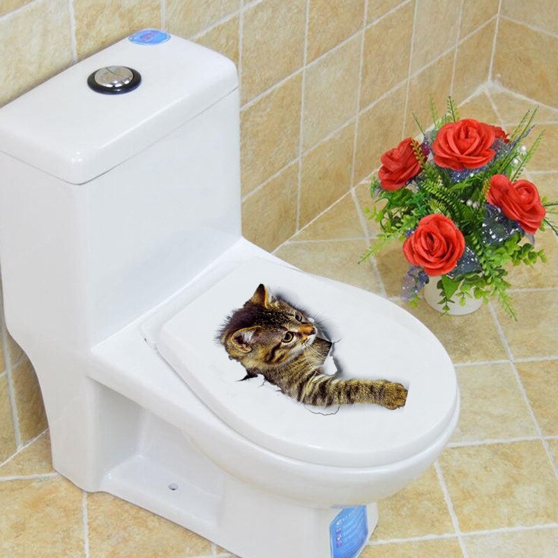 Pegatinas de vinilo 3D para el baño de gatos, vinilo impermeable con de Gato Azul encantador para la pared del baño