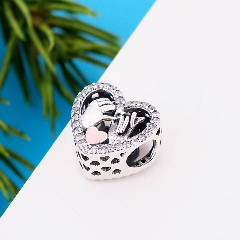 Pulsera con abalorio de plata de ley 925 para mujer, brazalete con de "Te quiero, promesa manos, gesto, corazón rosa, Berloque 2022