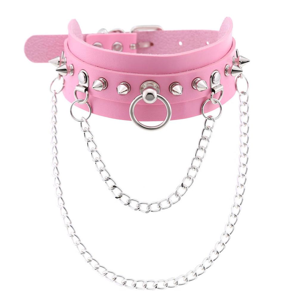 Gothic necklace Punk choker collar goth Silver Color Chain pendant necklace women leather emo kawaii witch rave jewelry: pink