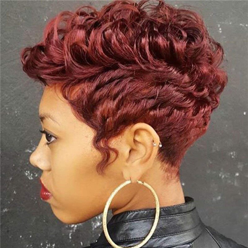 Women Pixie Cuts Synthetic Short Brown Wine Wigs Natural Looking Heat Resistant Hair Wig For Black Women