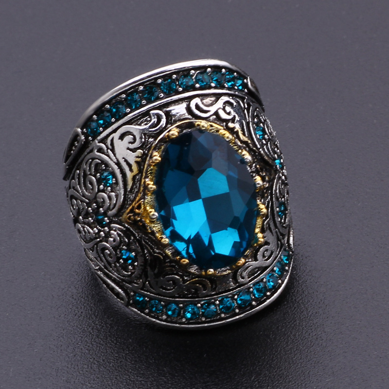 Milangir Big Blue Stone Ring for Men Punk Jewelry Carved Pattern Knuckle Rings Men Championship Rings