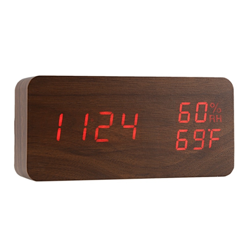 LED Wooden Alarm Clock Watch Table Voice Control D... Grandado