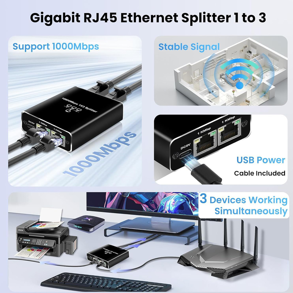 Gigabit Ethernet Splitter 1 to 2/3/4 1000Mbps Network Extension RJ45 LAN Internet Splitter for PC Laptop Router TVBox Digital TV