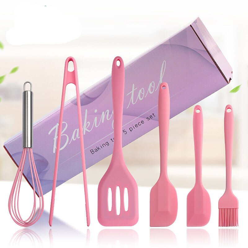 Food Grade Set of 6 Pink Silicone DIY Baking Tools Sets Scraper Brush Egg Beater Cake Tools Kitchen Baking Accessories Set