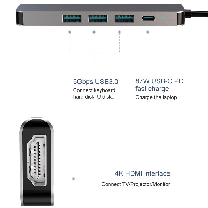 5 in 1 Type C USB Hub USB 3.0 4K HDMI Port Adapter High-Speed PD Charging Docking Station for Office PC Notebook