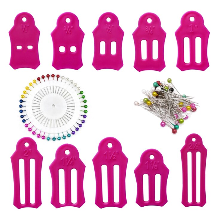 10 Stuks Multi-Maten Vouwen Stof En Vertekenende Strips Roll Tool Set Met 40 Stuks Van Multi-Kleur quilten Pins: pink kit plus pins