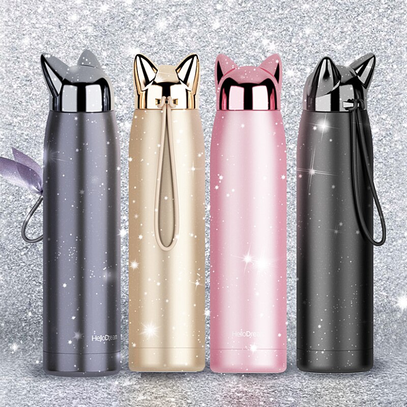 1 stücke Nette Edelstahl Katze ohren Thermos Tassen Thermocup Isolierte Becher Vakuum Glaskolben Thermo Kaffee Becher Reise Flasche Becher