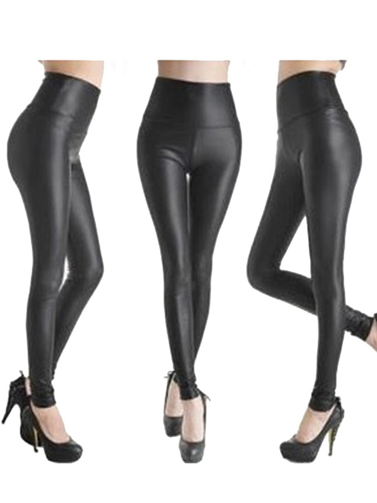 CHSDCSI Legging Sexy de cintura alta de piel sintética para mujer, pantalones pitillo negros, pantalones ajustados