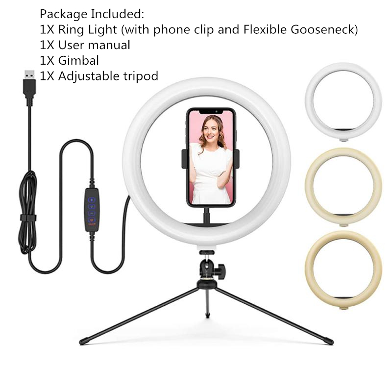 Anillo de luz LED regulable para selfies de 26cm/10 pulgadas 128 Uds. Lámpara de Anillo de luz LED para foto de cámara Video con trípode y soporte de Control remoto: 02