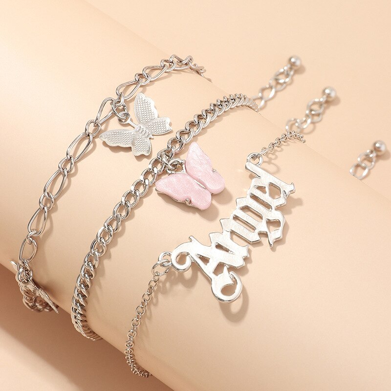 sommer Strand Knöchel Armbinde Mädchen Schmetterling Winkel knapp Alphabet Rosa Anhänger Legierung mehrschichtig Fuß Schmuck Für Frauen: Nachgemachter Rhodium überzogen