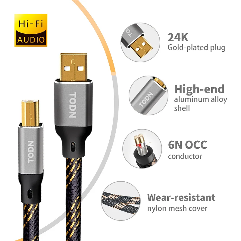 TODN Hifi USB-kabel 6N OCC Type A naar Type B Hifi Data audio digitale kabel voor DAC