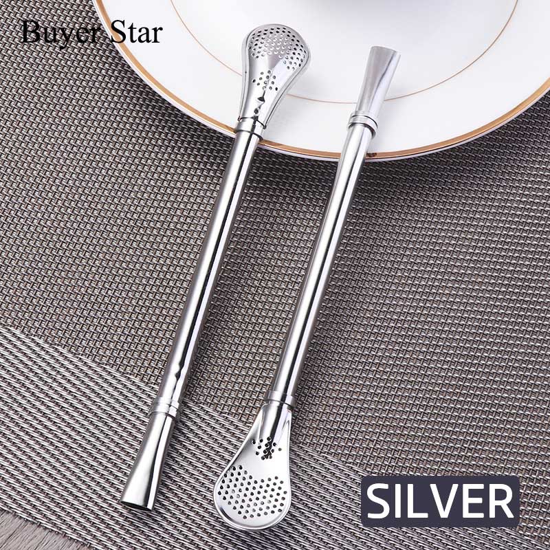 2 Pcs Smooth Flow Handmade Drinking Straw Stainless Steel Yerba Mate Tea Bombilla Straws Filtered Spoons Drinking Straw 6.22": 2 pcs Silver