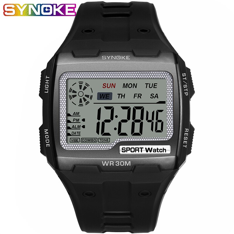 Synoke Mannen Vierkante Digitale Horloge Lichtgevende Multifunctionele Outdoor Sport Waterdicht Man Horloge Led Display Digitale Horloge: black