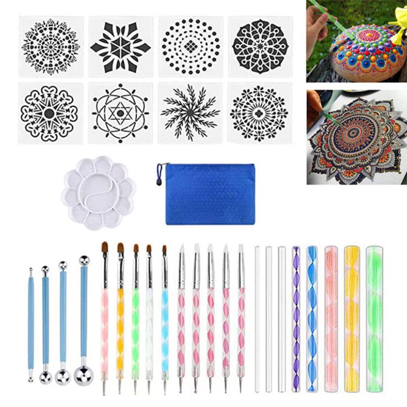 32 stk mandala prikværktøj maling pen pensler stencil maling bakke sæt til sten keramik keramik farve tegning kunst håndværk: Default Title