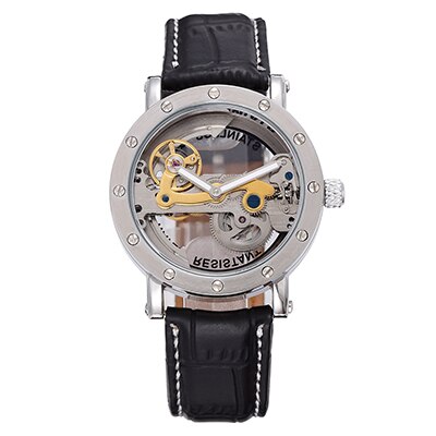 SHENHUA mannen Bridge Analoge Weergave Mechanische Horloge Skeleton Automatische Zelf Wind Man Klok Lederen Band Relogio Masculino: Silver Black