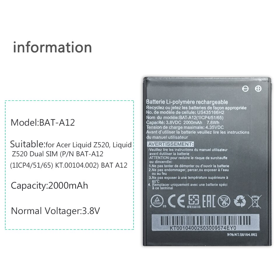 2000mAh BAT-A12 Battery for Acer Liquid Z520 Battery Liquid Z520 Dual SIM (P/N BAT-A12(1ICP4/51/65) KT.00104.002) Track Code