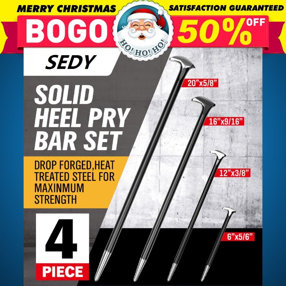 SEDY 4Pcs Crowbars Pry Bar Set Round Rod Crowbar Nail Puller Solid Steel Rooled Heel Bar Farm Engine Workshop 6" 13" 16" 20"