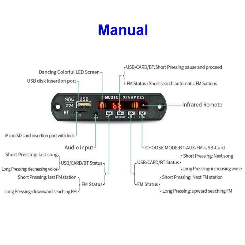 1X Bluetooth 5.0 MP3/WMA/WAV/APE/FLAC Dekoder Car Audio USB TF FM Radio Moduł MP3 Bluetooth Odtwarzacz muzyczny