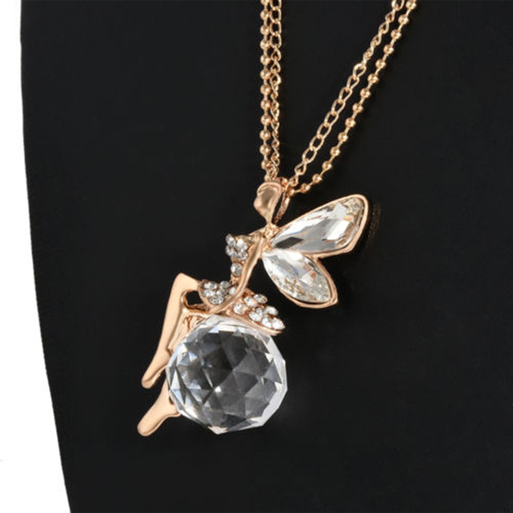 Women Crystal Fairy Angel Wing Pendant Long Chain Sweater Necklace