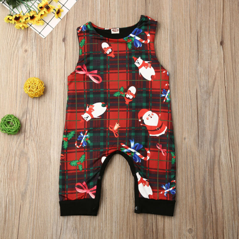 Xmas Toddler Baby Boys Girls Christmas Romper Sleeveless Cotton Plaid Jumpsuits Outfit Clothes