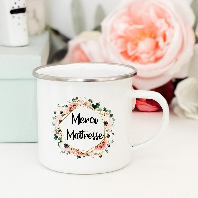 Tasses à café et thé à imprimé de fleurs françaises, créatives, pour boissons, eau et lait, en émail, poignée d&#39;école, maison, verres, pour enseignants: XH1727-A015WH-8