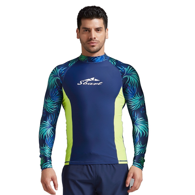 Contrast Color Rash Guard Men UV Sun Protection UPF 50+ Basic Skins Long Sleeve Crew Tee Surfing Top Floral Print Navy Blue