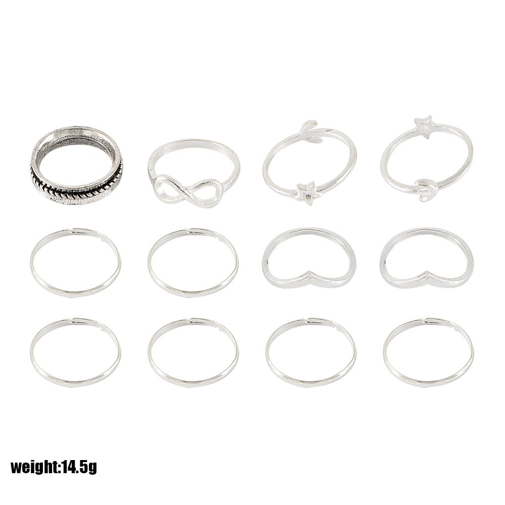 12 stks/set Vintage Vrouwelijke Ringen V Star Moon 8 Woord Zilveren Ring Set Vrouwen Joint Ring Wedding Party Sieraden Accessoires