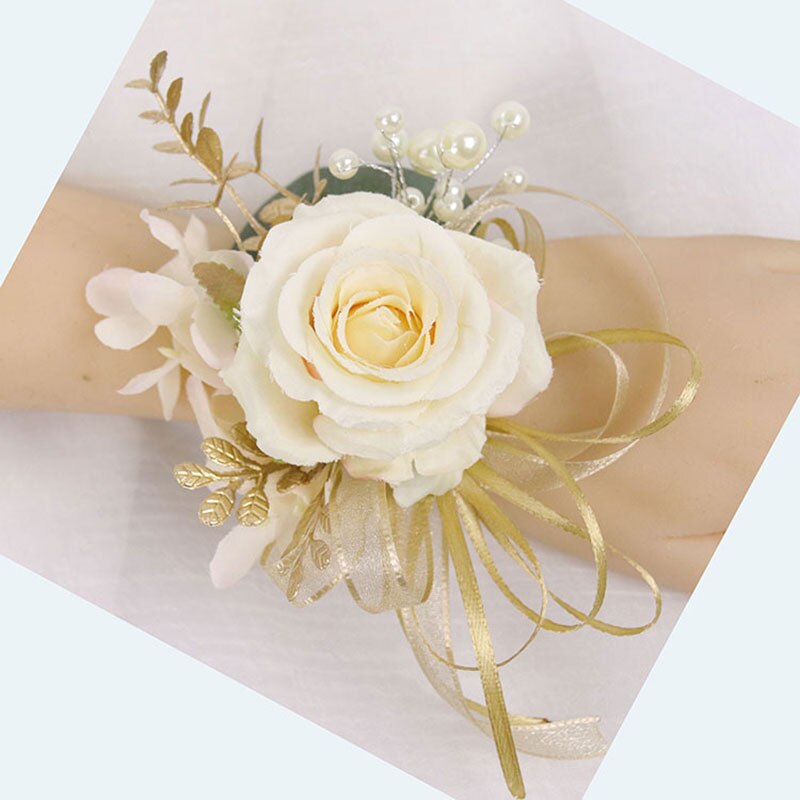 Bryllup forsyninger bryllup brudgom corsage hånd blomst rose håndled blomst broche fest tilbehør kunstig blomst champagne