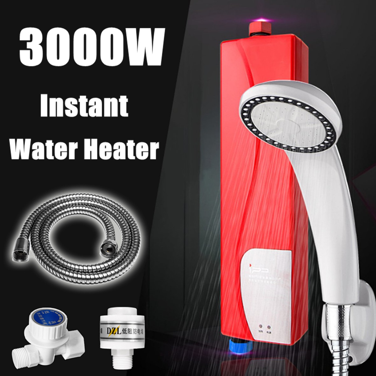 3000W Electric Water Heater+Shower Head+Hose Kit Bathroom Kitchen Use Instant Water Tankless Instant System 220V