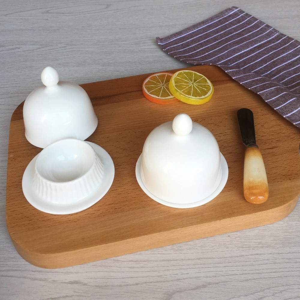 white ceramic round shape mini cute butter dish with lid 3.5 inch