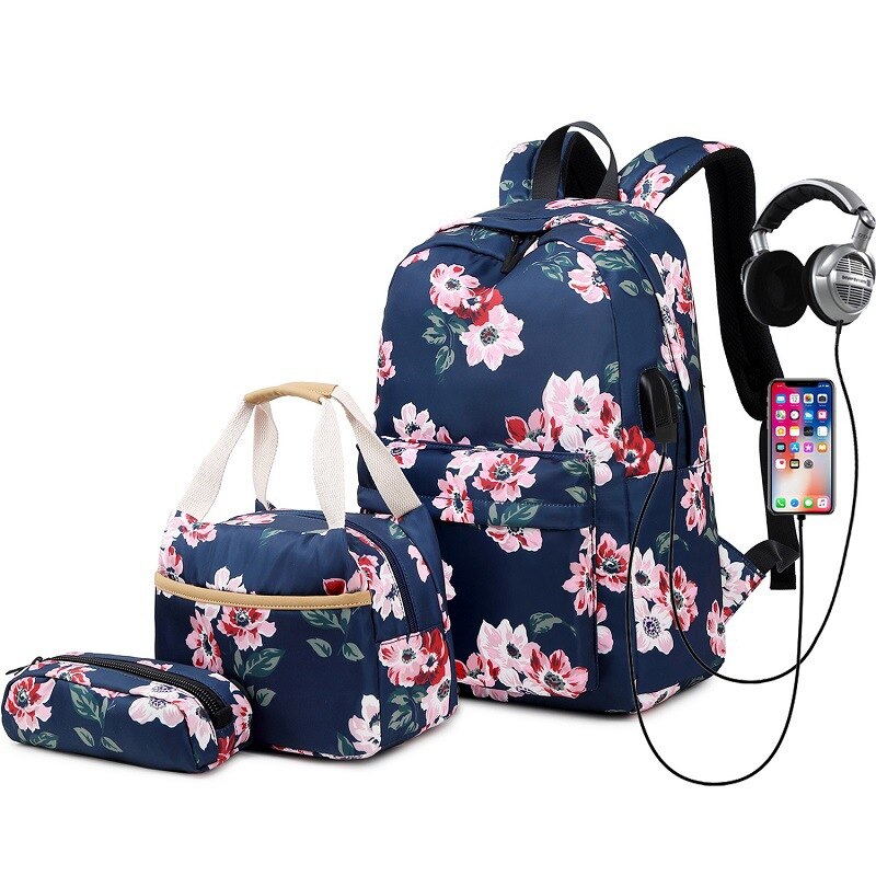 conjunto de mochila escolar impermeable de Nylon para chicas adolescentes, de 15 pulgadas mochila para portátil, bolsa de almuerzo para niños, bolso de mano, bolso de mano: Blue 1 Set