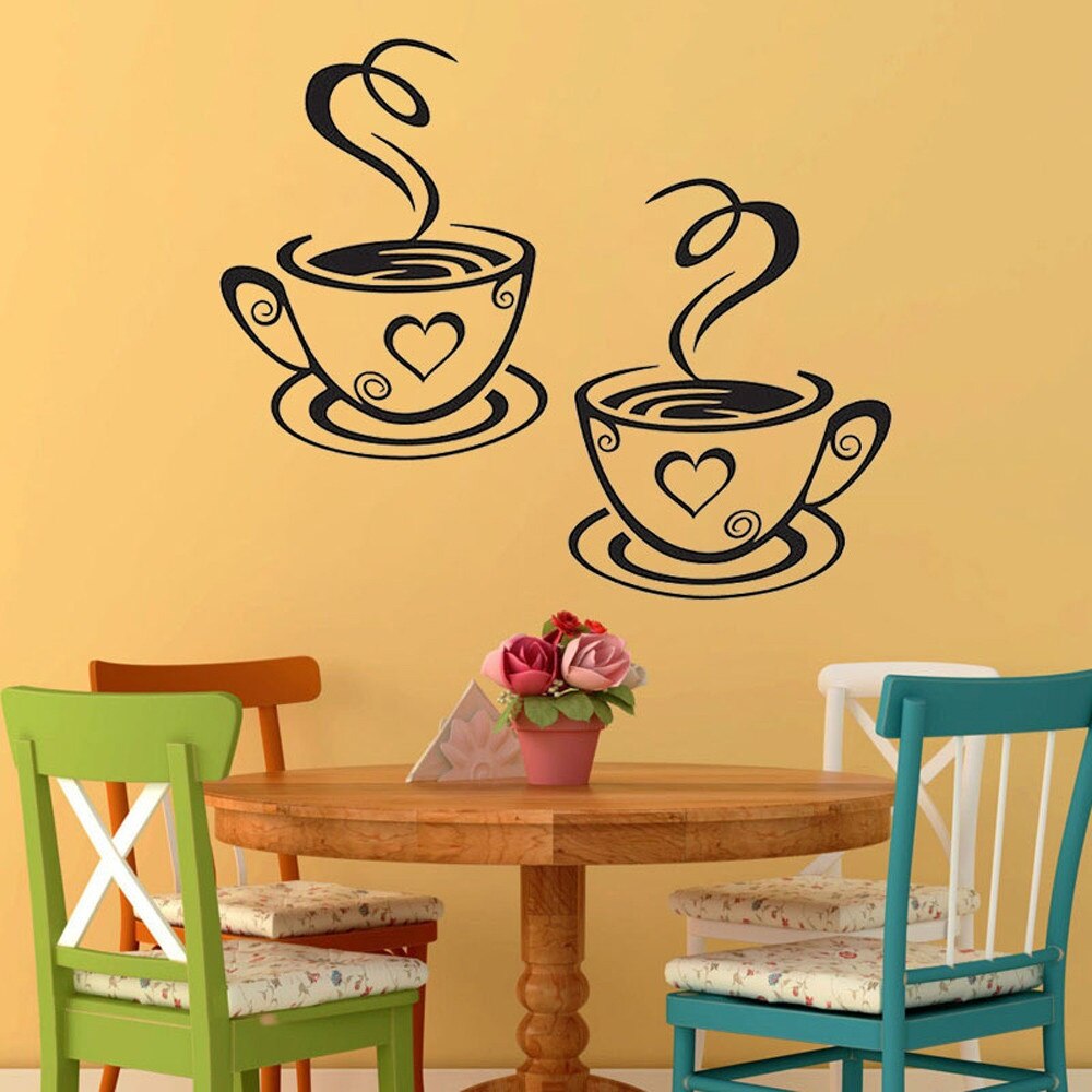 Coffee Cups Kitchen Wall Stickers Cafe Vinyl Art Decals Pub Cafe Home Decals Black