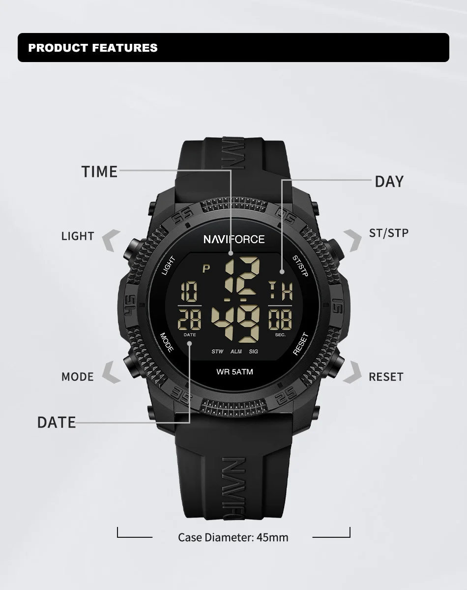 NAVIFORCE NF7104 Men's LCD Digital Casual Date and Week Alarm Waterproof Silicone Strap Electronic Watch