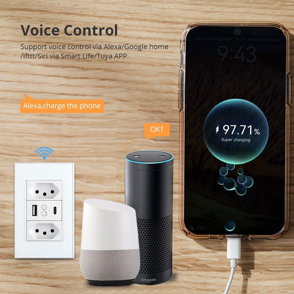 Zemismart tuya zigbee smart brazil-stik med to brasilianske stikkontakter usb-port type-c alexa google home work with homekit via zmhk 01