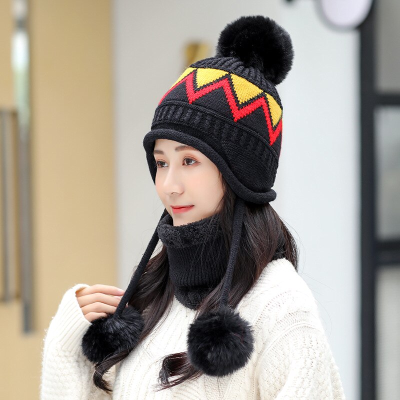 Winter Vrouwen Gebreide Muts Sjaal Twee Stukken Set Mode Wol Verdikking Hoed Kragen Vrouwelijke Warme Muts Casual Sneeuw cap: black