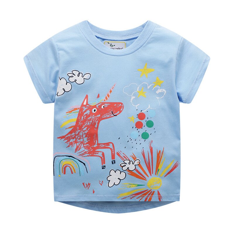 Jumping meter mærke t-shirts toppe til baby piger tøj dyr applikation stribe børns t-shirts piger t-shirt til sommer: T6283 blå / 24m