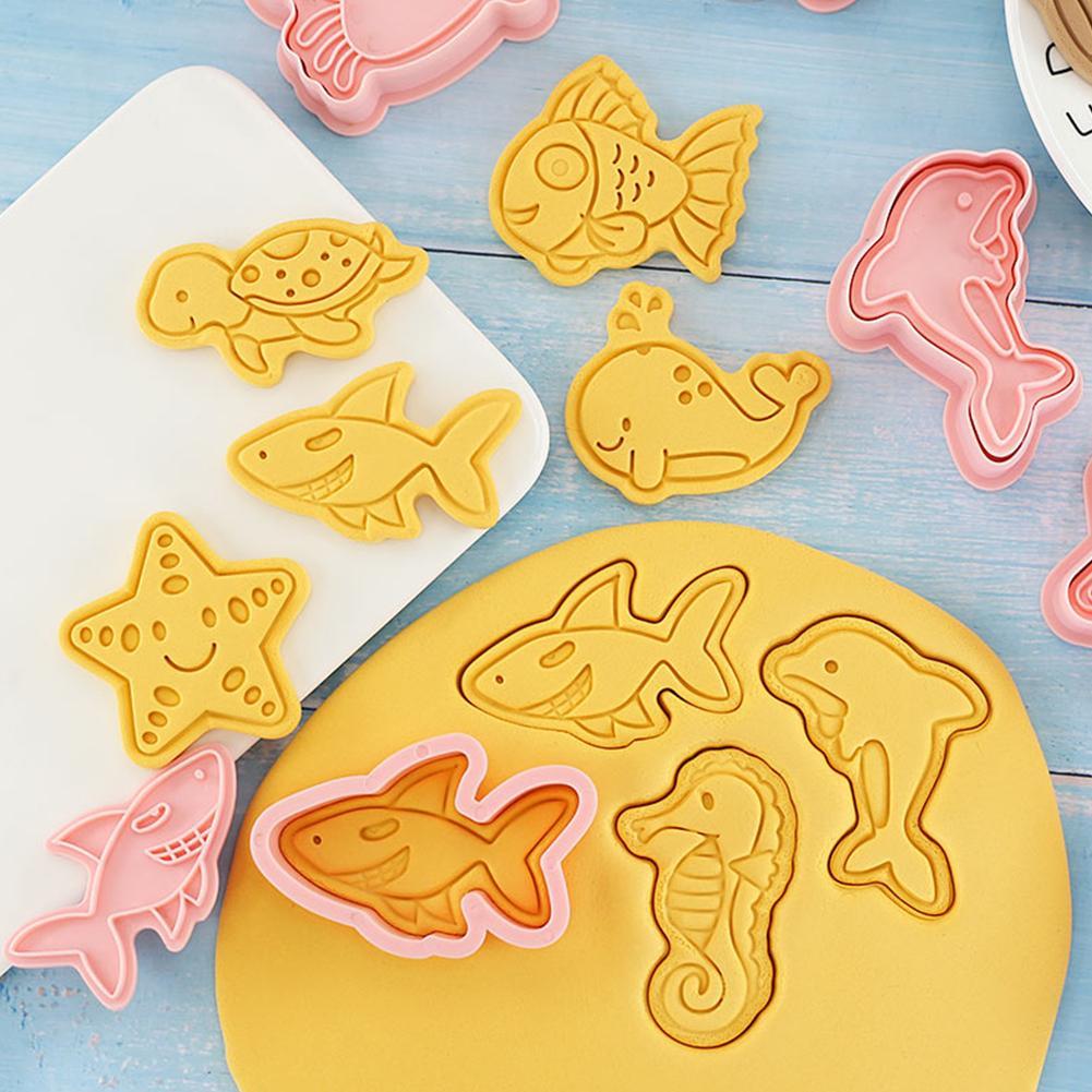 8 Stks/set Mariene Leven Cookie Cutters Plastic 3D Cartoon Pressable Biscuit Mold Cookie Stamp Keuken Bakken Gebak Bakvormen Tool