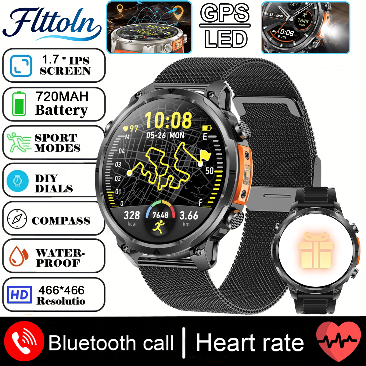 2025 Nuovo Militare GPS Astuto Della Vigilanza 3ATM Impermeabile 650mAh Batteria BT Chiamata Frequenza Cardiaca Pressione Sanguigna Sport tracker Smartwatch Da Uomo: Marrone