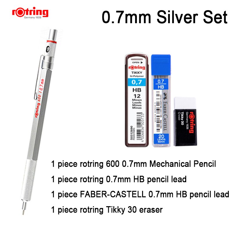 Rotring 600 0.5mm/0.7mm mekanisk blyant sort/sølvmetal automatisk blyant 1 stk: 0.7mm sølv sæt