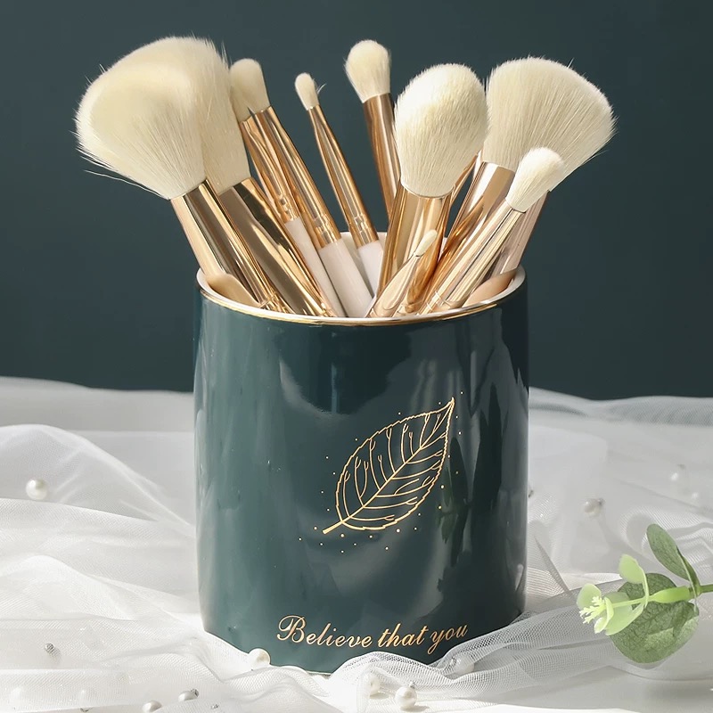 Nordic Stijl Marmeren Opslagtank Keramische Jar Cosmetische Borstel Pen Houder Mes Vork Opslag Holder Home Office Keuken Organizer: Green Leaf