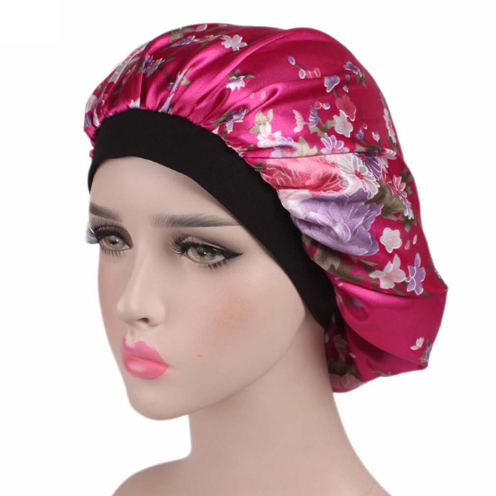1pc kvinnor satin nattsömn mössa blommig leopardmönstrad nattmössa hår huva hatt siden huvudskydd breda elastiska party cosplay hattar: Rosröd
