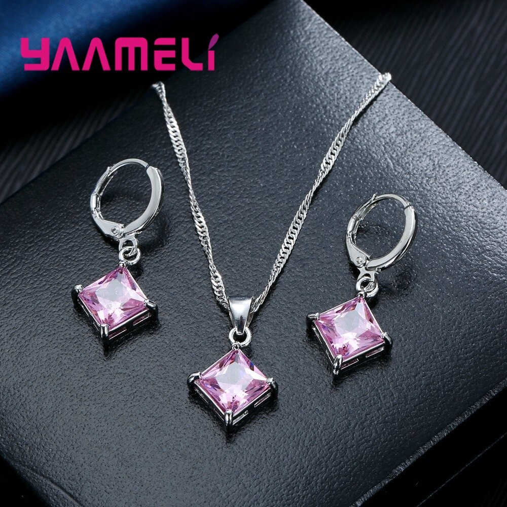 Authentieke 925 Sterling Zilveren Glanzende Cz Geometrische Klassieke Vierkante Huggie Oorbellen Ketting Sets Voor Vrouwen Fijne Sieraden