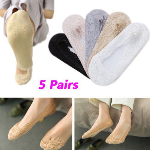 5 Pairs Ladies Slipers Skin Shoe Liners Footsies Invisible Thin Lace Socks Sheer Women Floral Lace Socks