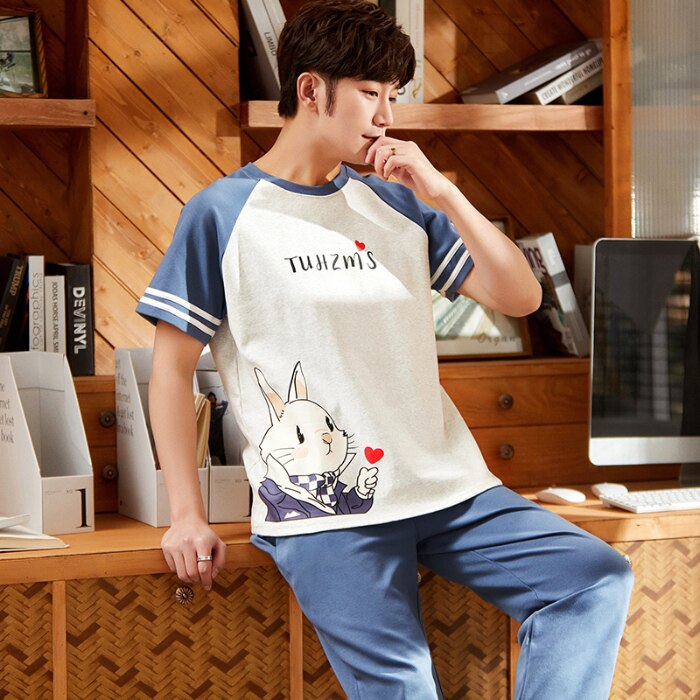 SONG Summer Autumn Couple Pajama Sets Combed Cotton Short Sleeve Casual Cartoon Home Suit Pyjamas 2 Pieces CP Match: men / XL