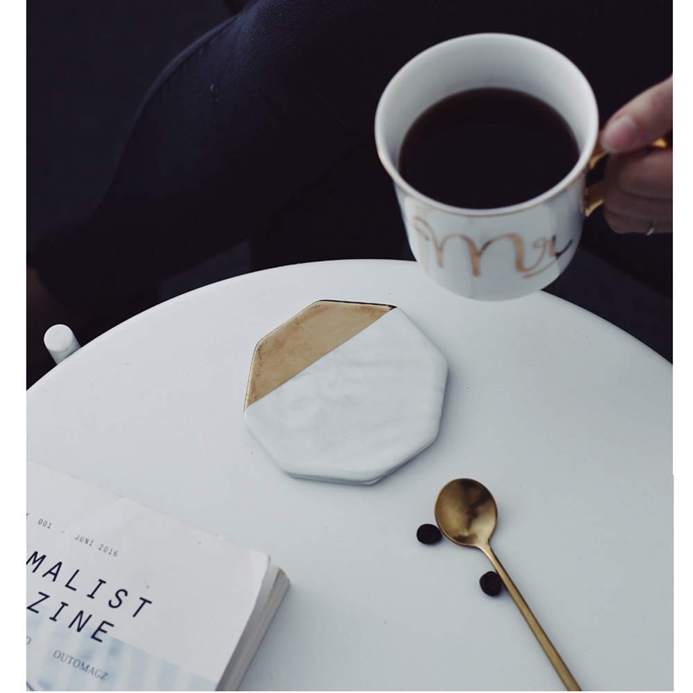3 PCS Marble Stone Coasters Hexagon Round Square Drink Coasters Embellished with Gold Trim Set of 3