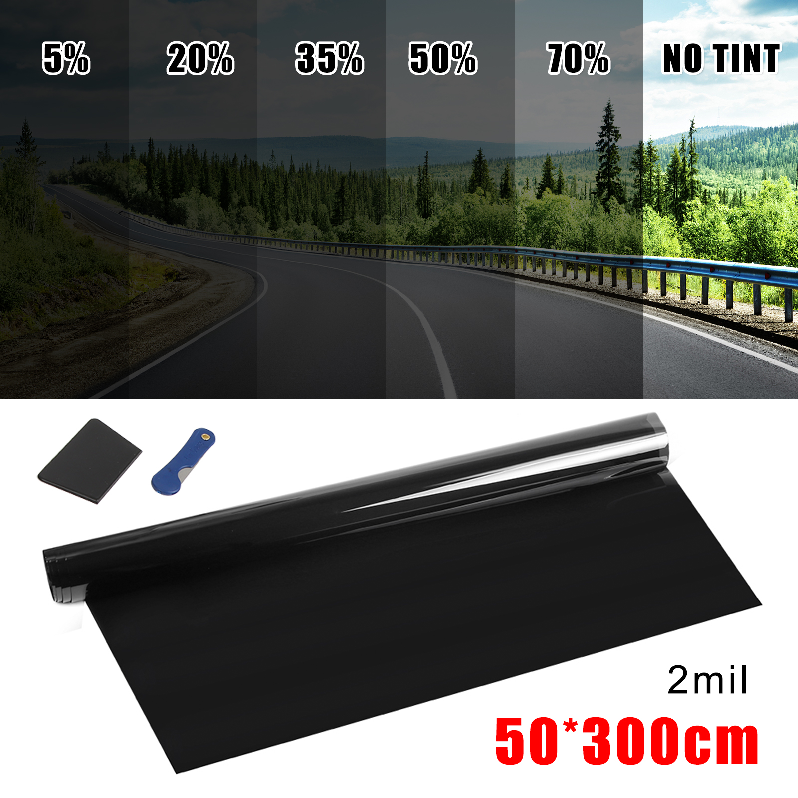 50*300cm 2 mil bilfönsterfilm 5%/20%/35%/50%/70%  vlt svart fönsterfilm toning glas skuggning klistermärke bil hem sommar uv-skydd