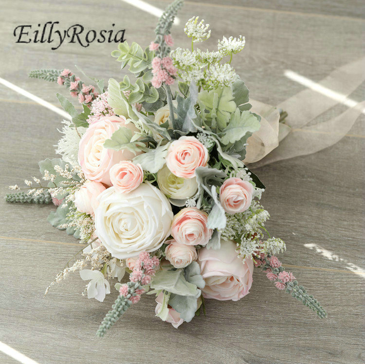 EillyRosia Pink and White Bride Bouquet French Roses Romantic Rustic Wedding Bouquet Decoration Bridesmaid Holding Flowers Hoop